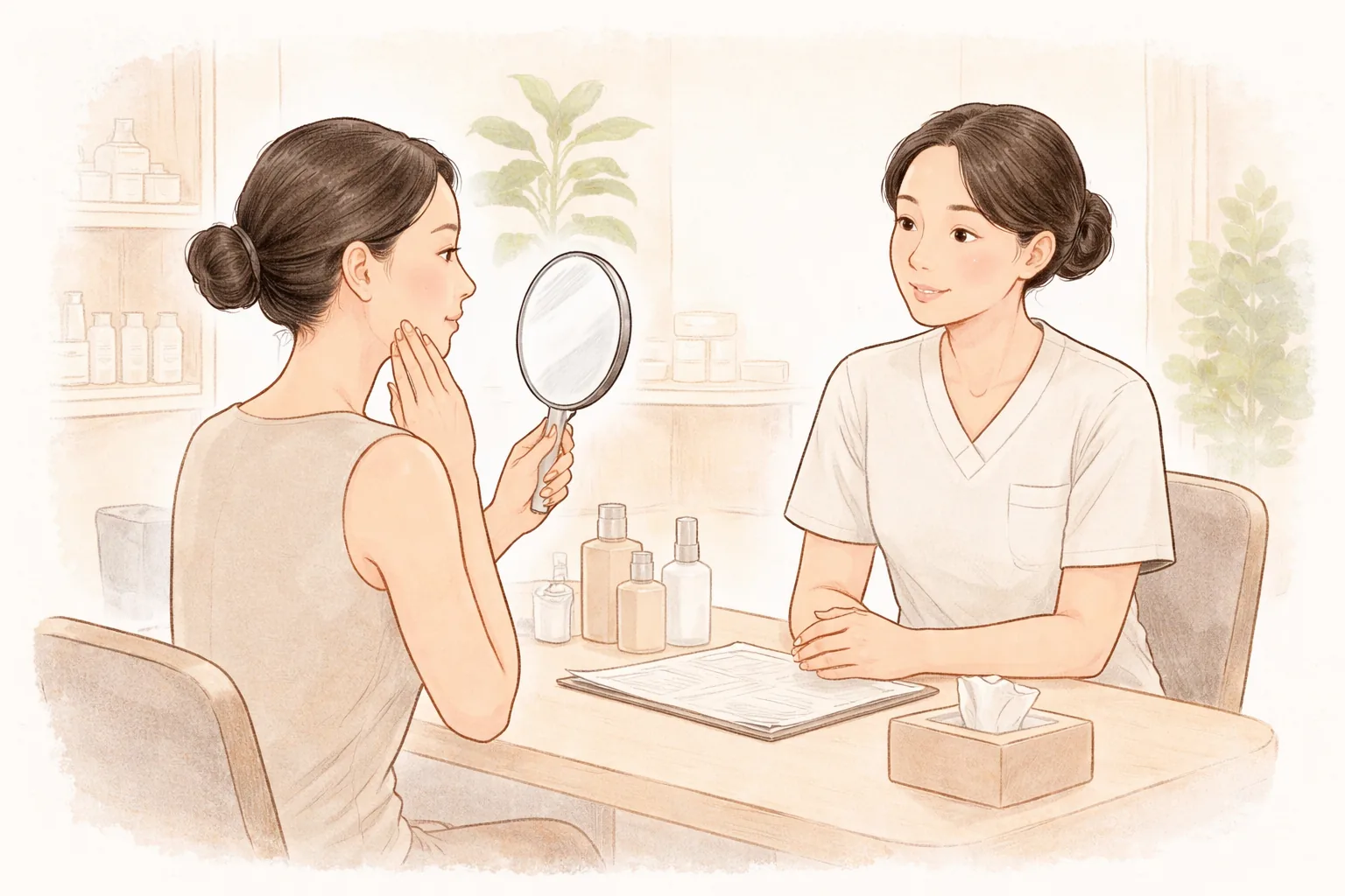 女性拿着小手持镜照面颊，与医护人员相对而坐交谈