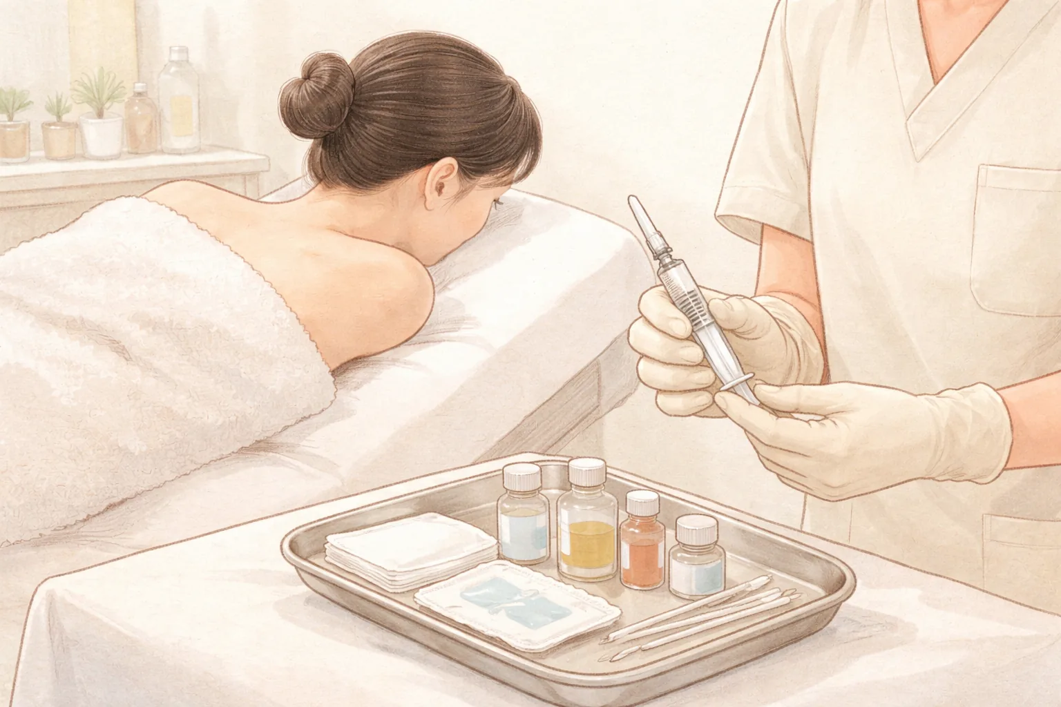 환자가 침대에 엎드려 있고, 장갑 낀 의료진이 주사기에 캡을 씌워 트레이 위에 준비함