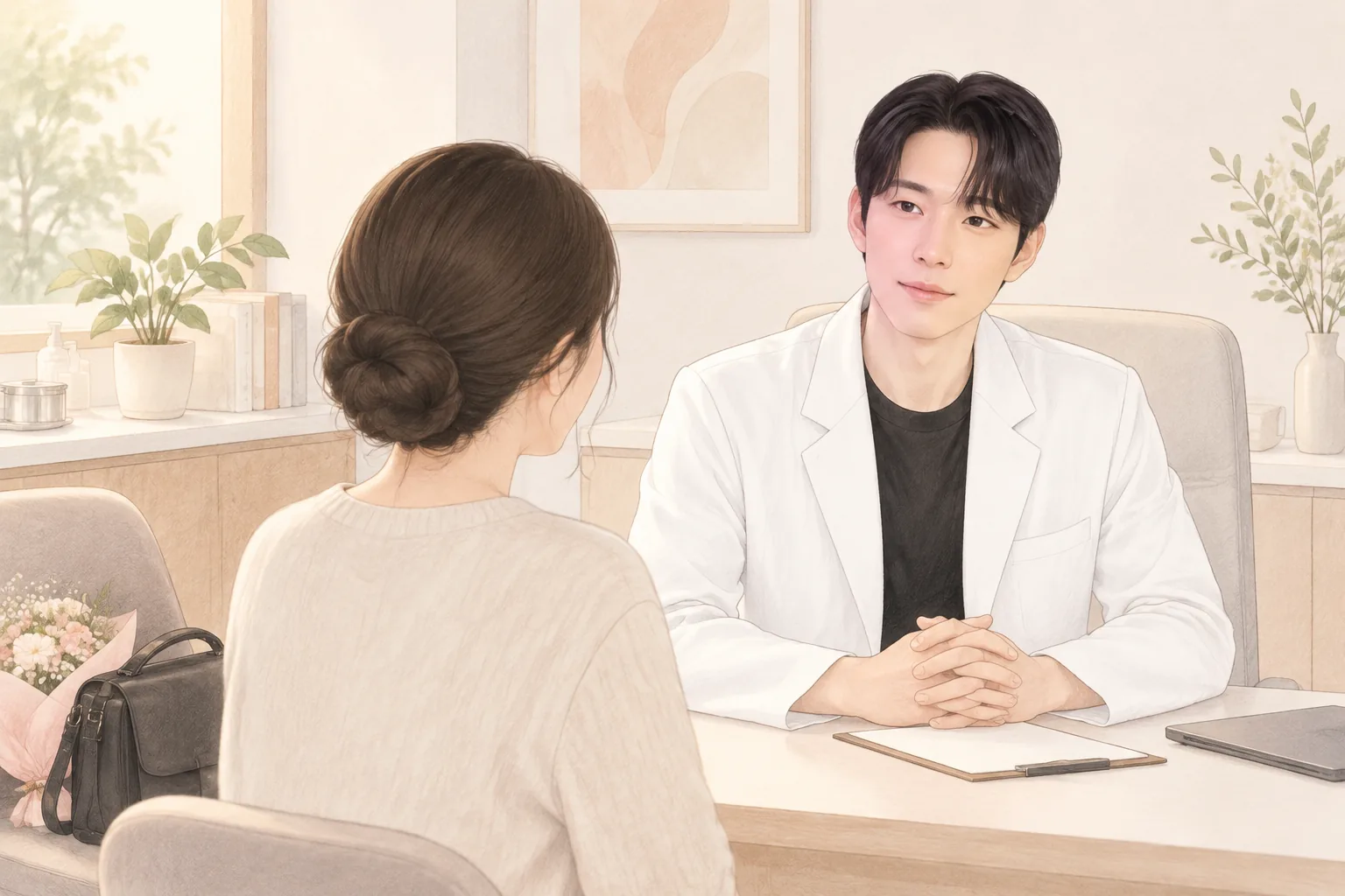 원장과 상담하는 환자 모습, 탁자 위 꽃다발과 카메라 가방