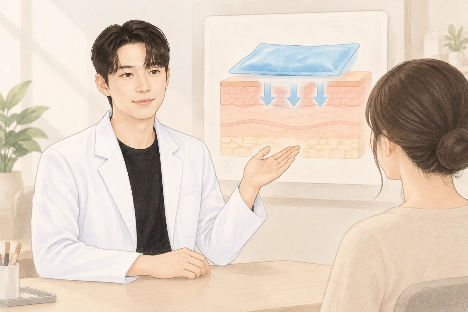 남자가 피부 단면 그림을 가리키며 여성과 상담하는 모습