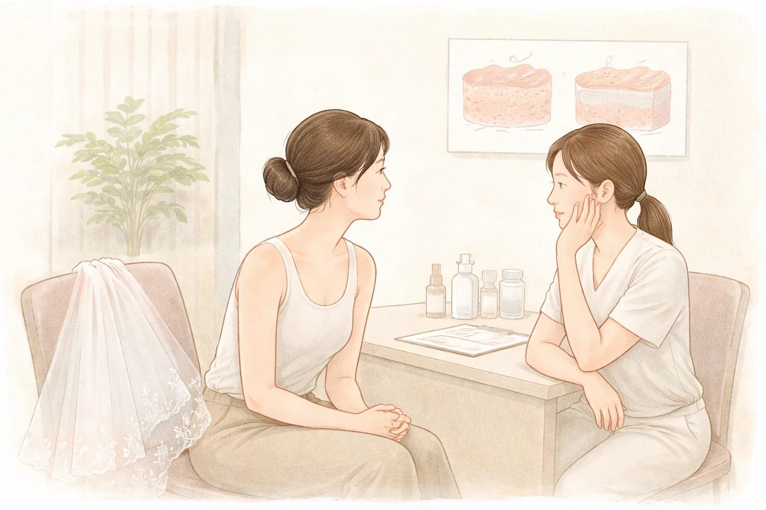 在諮詢室隔著桌子交談的兩位女性，旁邊椅子上放著頭紗