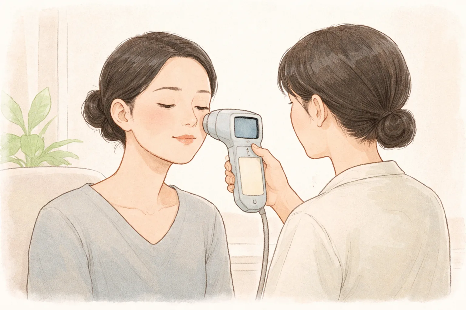 医療スタッフが皮膚分析カメラを女性の頬の近くに向けている