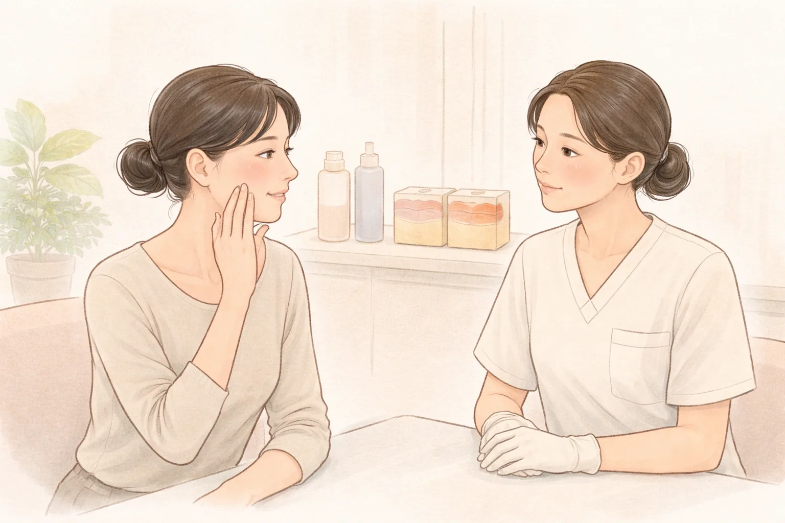 面颊泛红的女性与医护人员面对面交谈