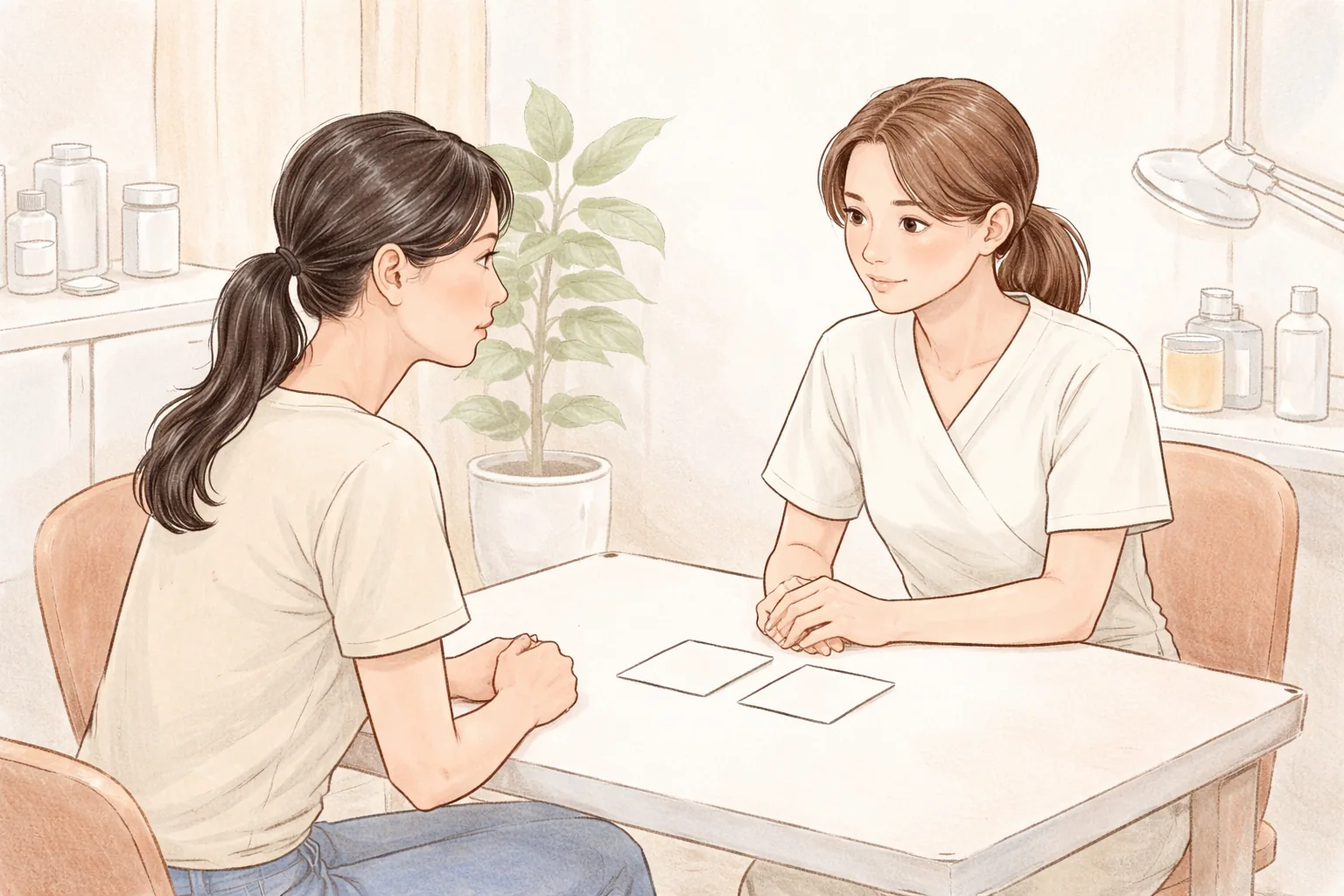 Dos mujeres conversando frente a frente en un escritorio en una sala de consulta luminosa