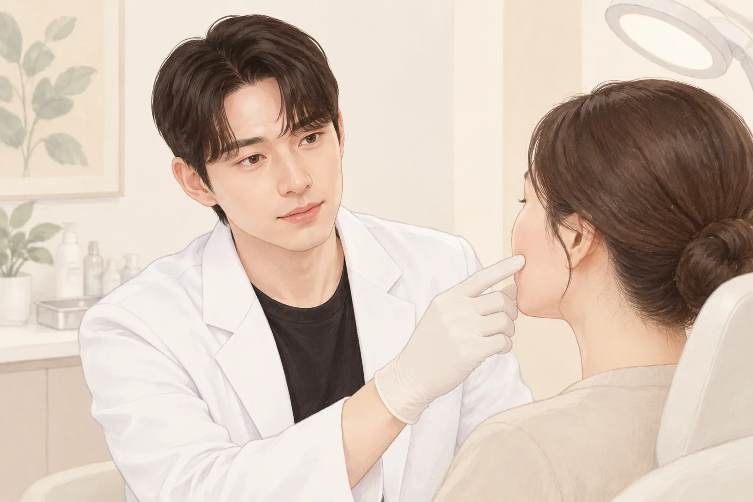 رجل يرتدي زياً طبياً يفحص بأصابعه الجلد بجانب زوايا فم مريضة