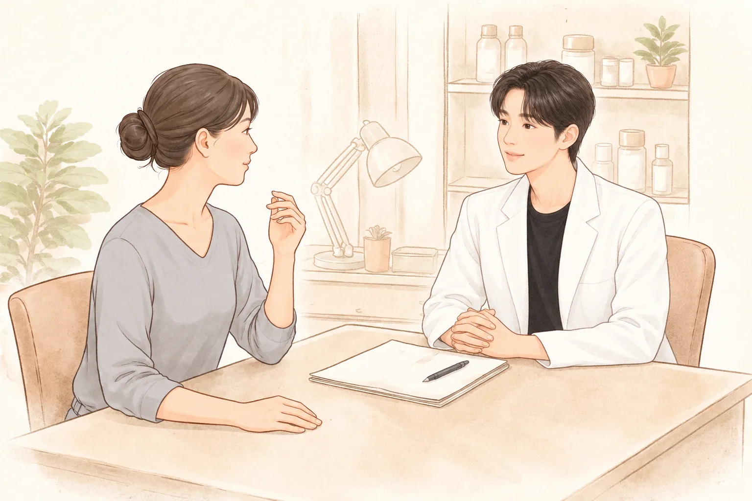 女患者和男性医务人员坐在桌旁交谈。