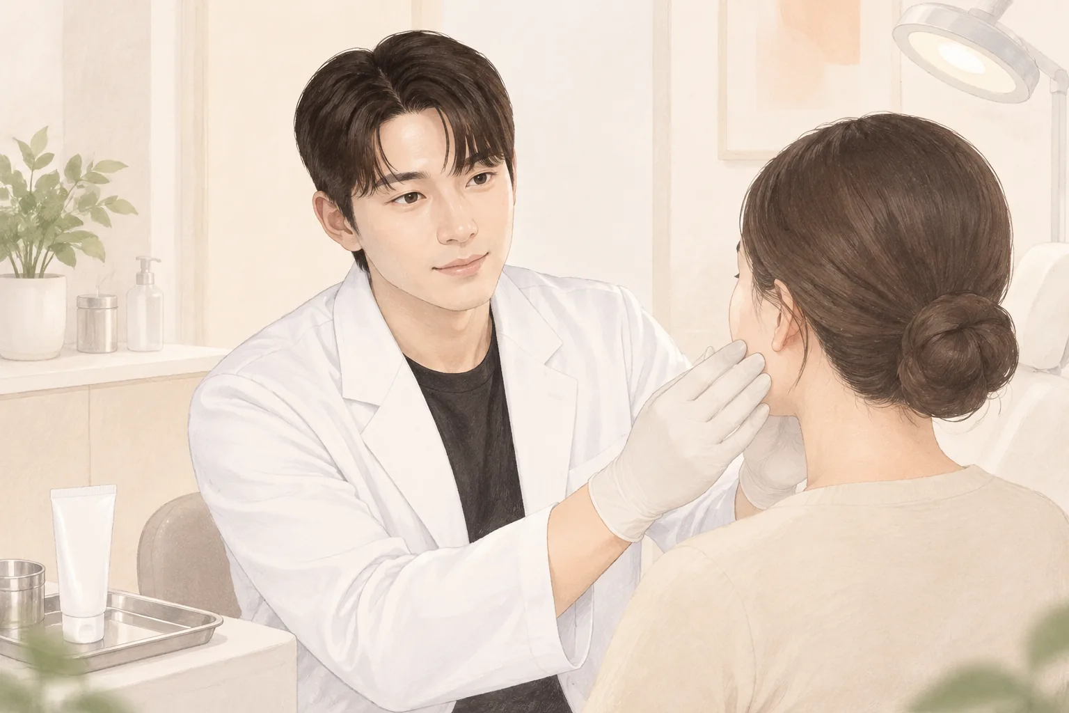 A man in scrubs sitting and examining a woman's cheek, with a tube container on a side table
