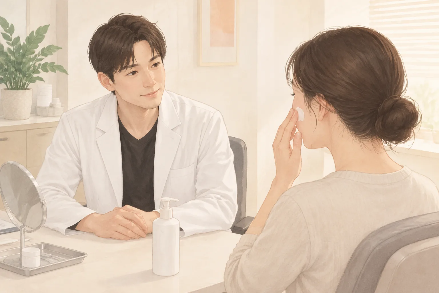 남성 의사가 여성 환자와 상담하는 모습과 탁자 위 보습제가 있음