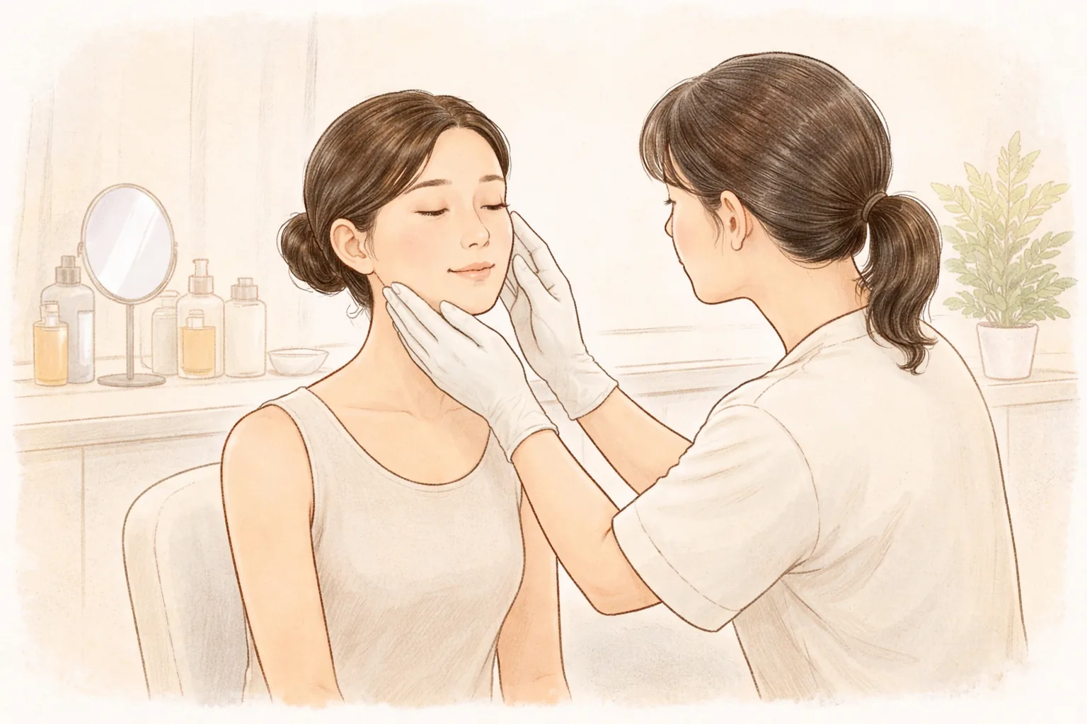 手袋をした医療者が患者の頬をやさしく確認する様子