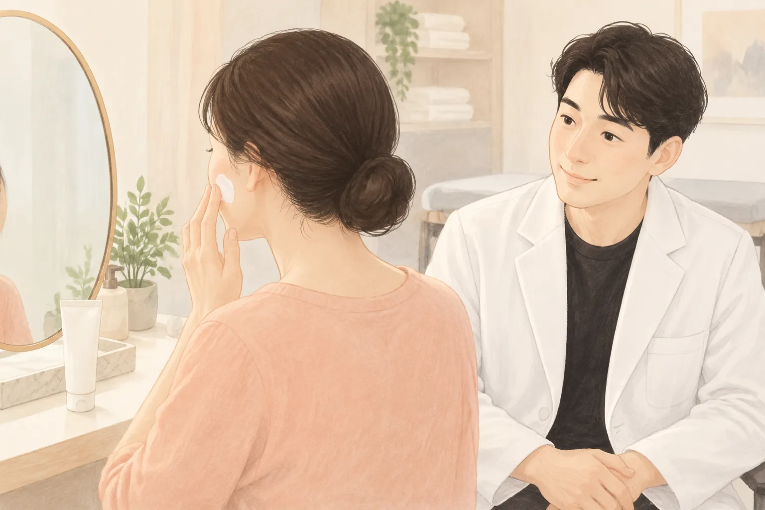 鏡の前で頬にクリームを塗る女性と、そばで見守る男性