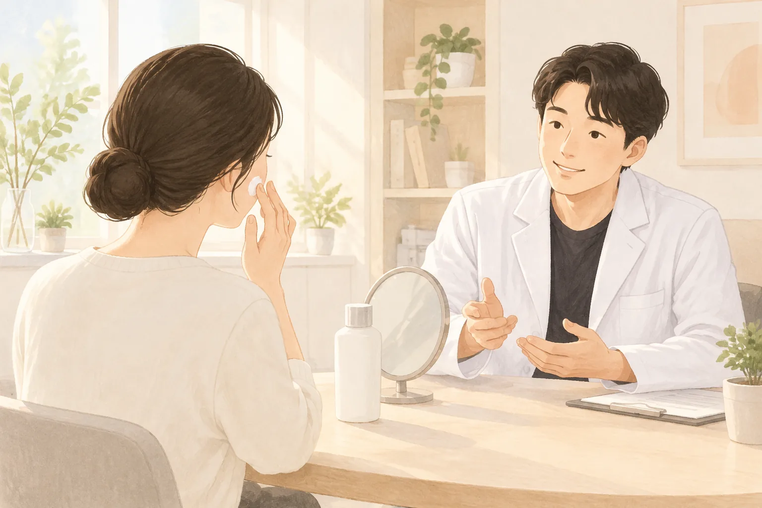 진료실 책상에 앉아 있는 남성과 여성, 여성이 손으로 볼에 무언가 바름