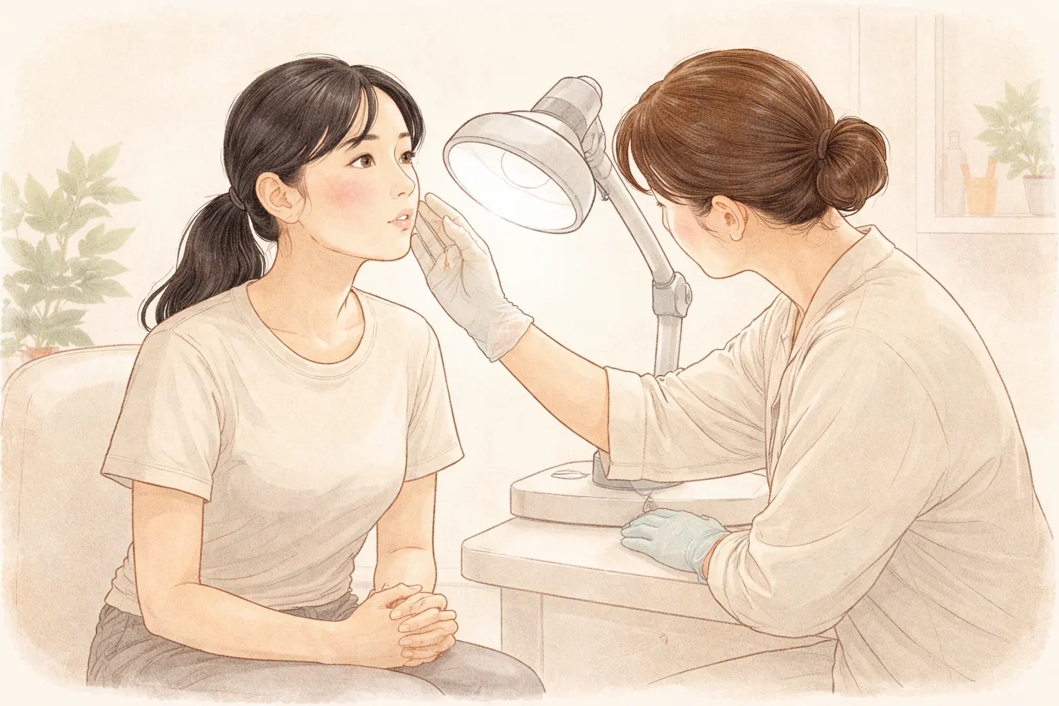 손을 모으고 앉아 있는 여성과 여성의 볼을 살펴보는 의료진