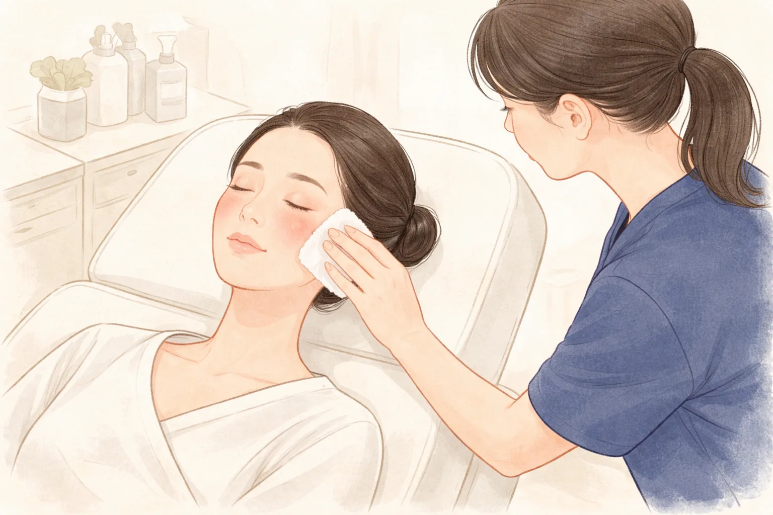 누운 여성 얼굴에 의료진이 거즈를 대고 있음