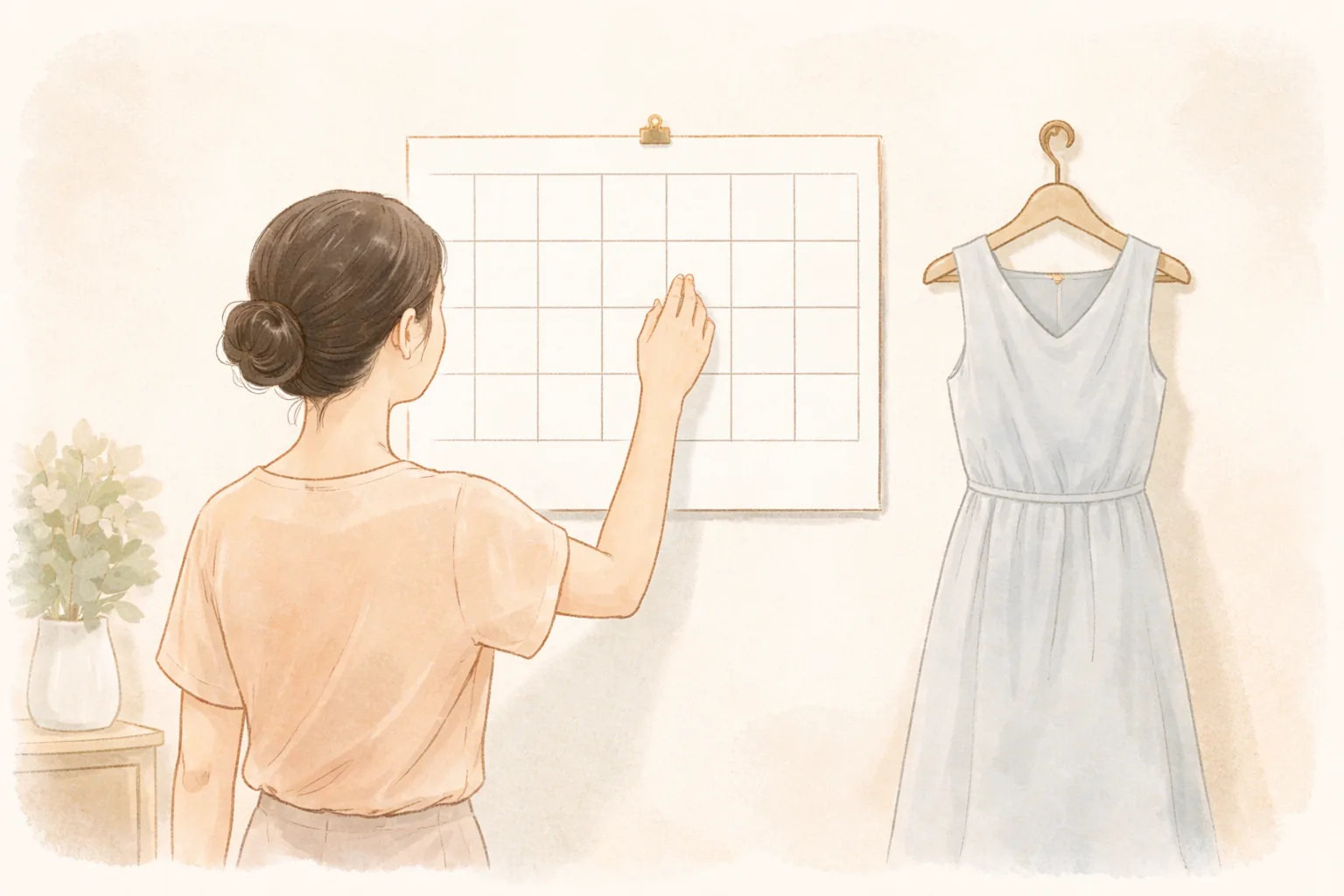 A woman standing in front of a wall calendar with her hand raised and a dress on a hanger