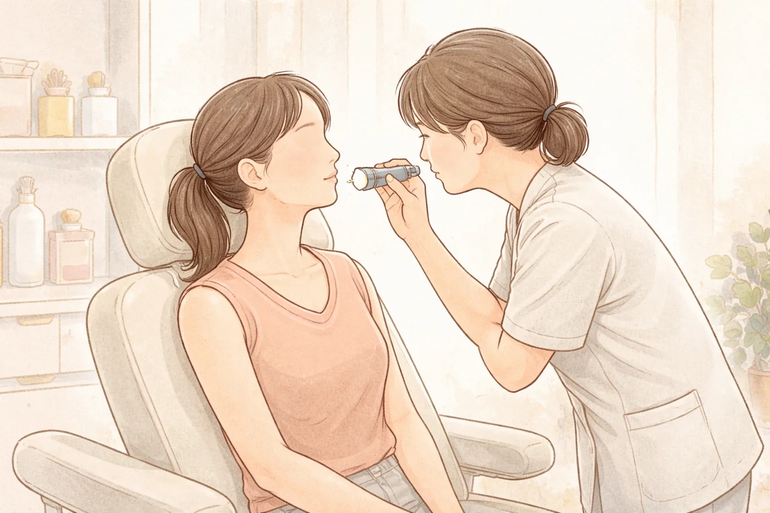 의료진이 작은 조명으로 환자의 볼을 살펴보고 있음