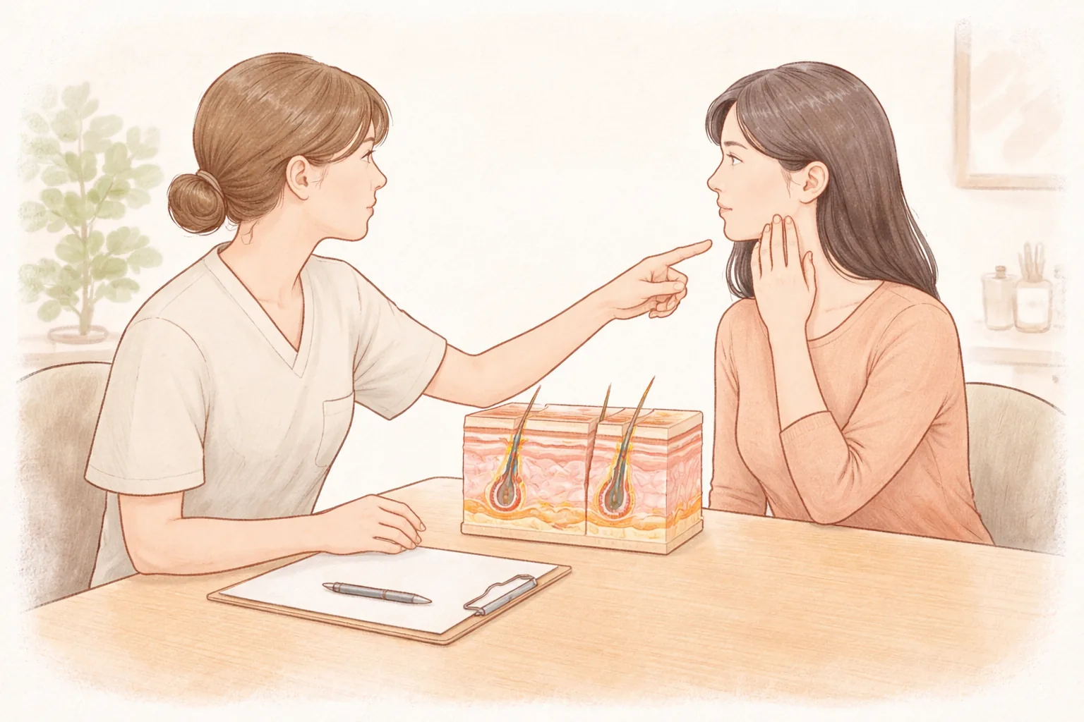 皮膚断面模型の前に座り女性をカウンセリングする医療従事者と患者