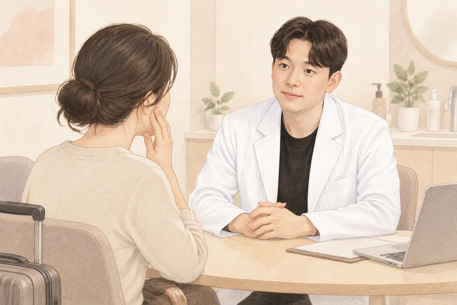 작은 탁자 건너편에 앉아 환자를 상담하는 남성 의사와 접수하는 여성 환자