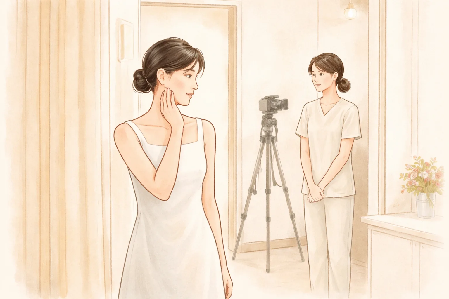 Woman in a white dress with a clinician at the door and a camera on a tripod
