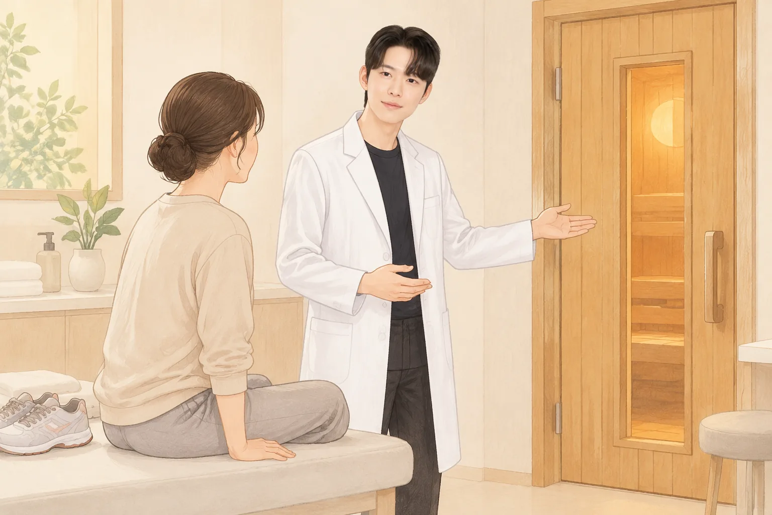 A patient sitting and resting with shoes off, and a man pointing to a closed sauna door