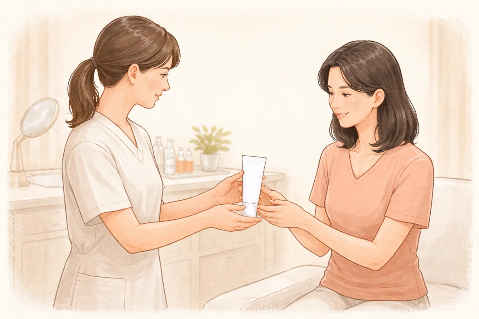 醫護人員將防曬產品遞給坐著的女性