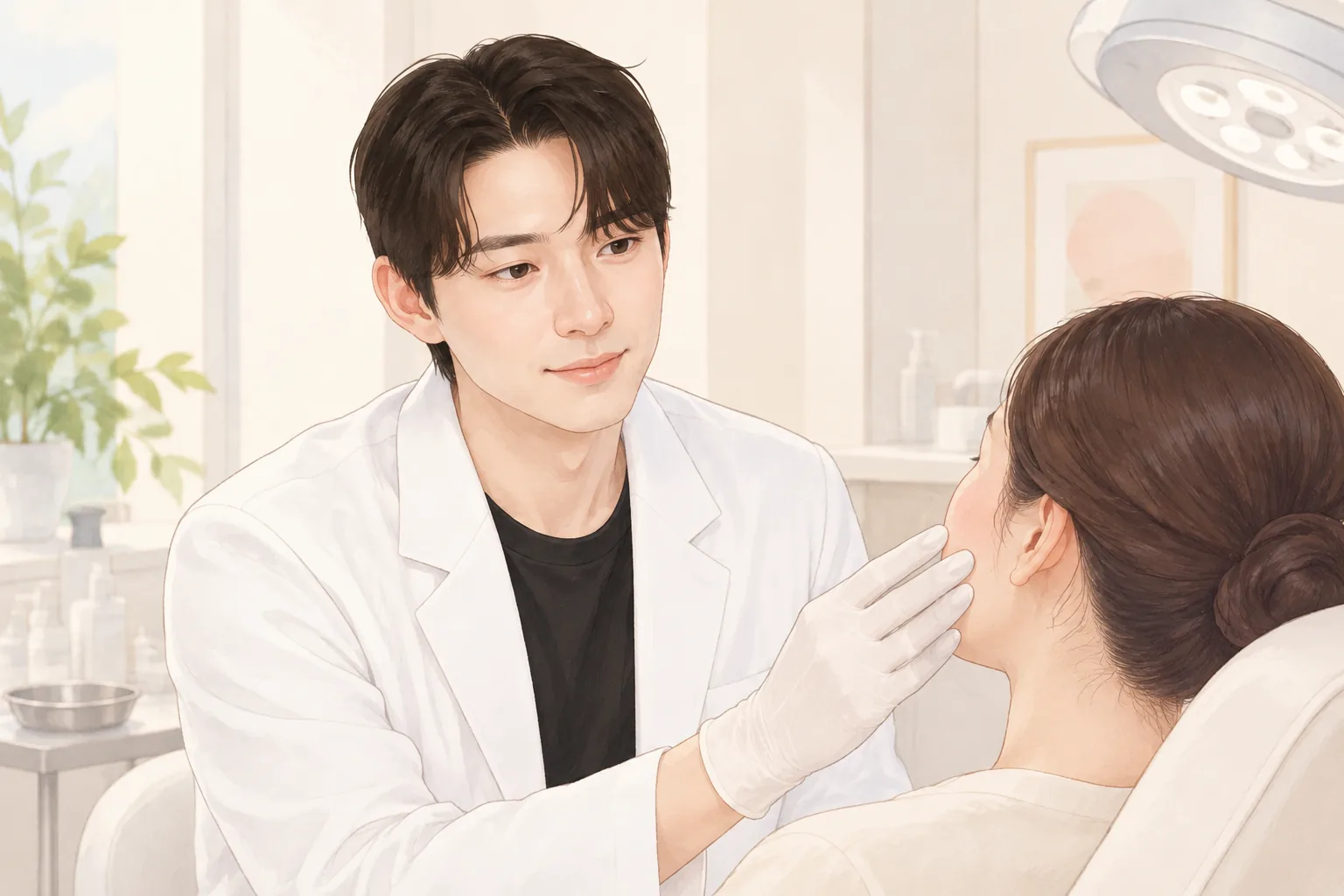 穿著白袍戴手套的男性檢查坐著的女性臉部
