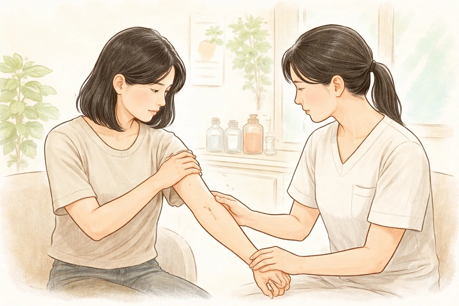 女性の腕をうつむいて診る医療スタッフと座っている女性