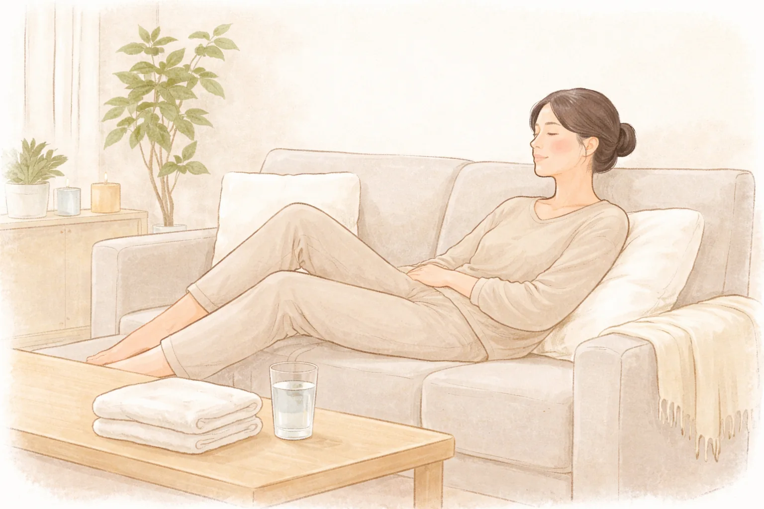 穿著舒適衣物的女性靠在沙發上閉眼休息