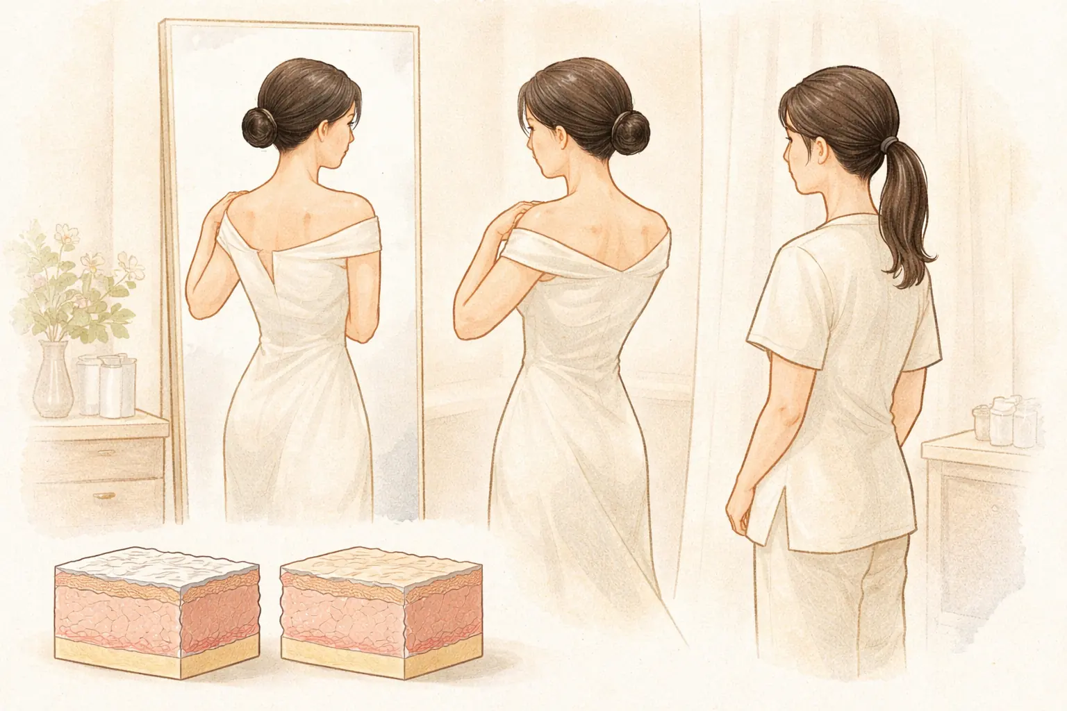 白いドレスを着て鏡の前でドレスのフィット感を確認する女性と、横に立つ女性