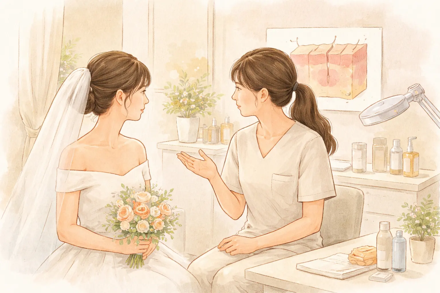 Woman in a veil holding a bouquet during a consultation with a clinician