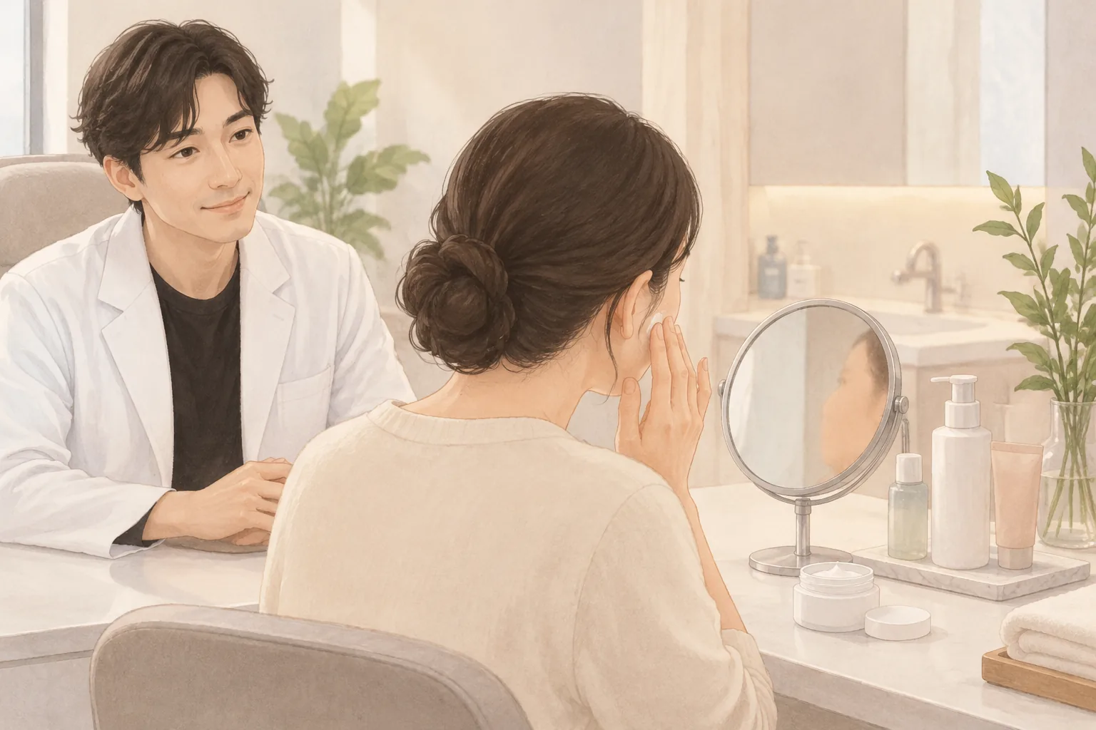 女性在鏡前用手指將保濕產品塗在臉頰，男性坐在椅子上觀看