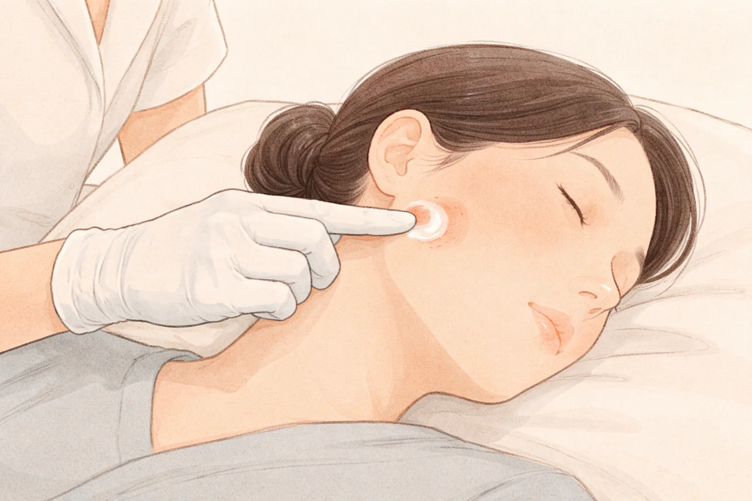 Gloved hands applying cream to a woman's facial cheek