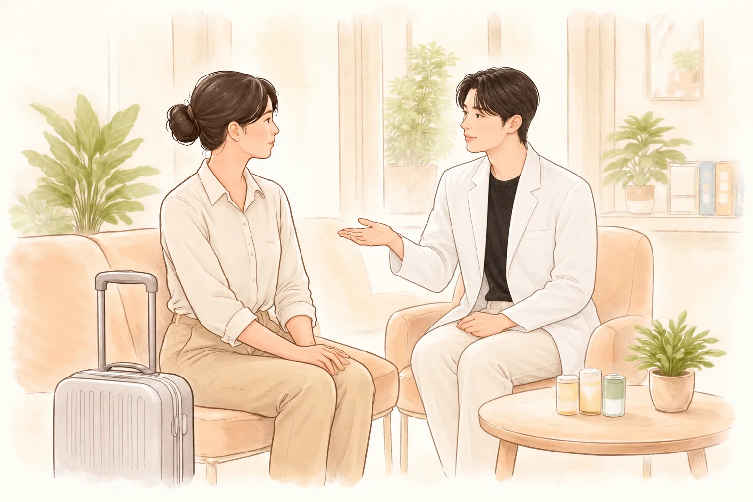 작은 캐리어 옆에 앉아 대화를 나누는 두 여성