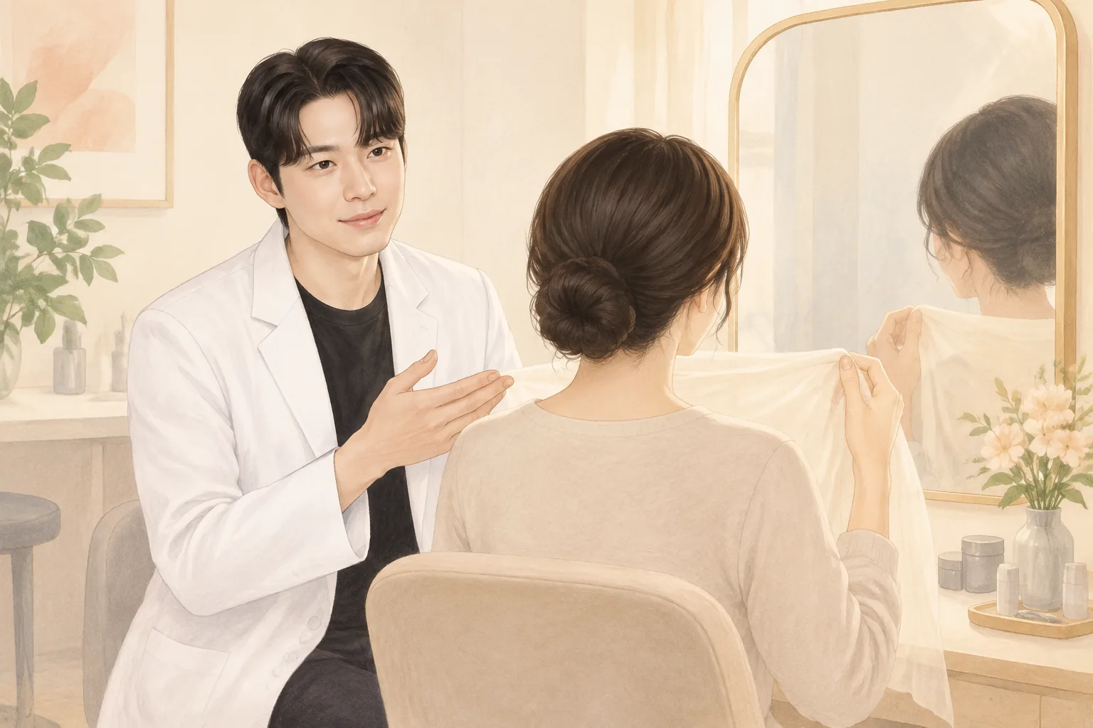 A woman sits in front of a mirror holding a veil while a male doctor gestures beside her