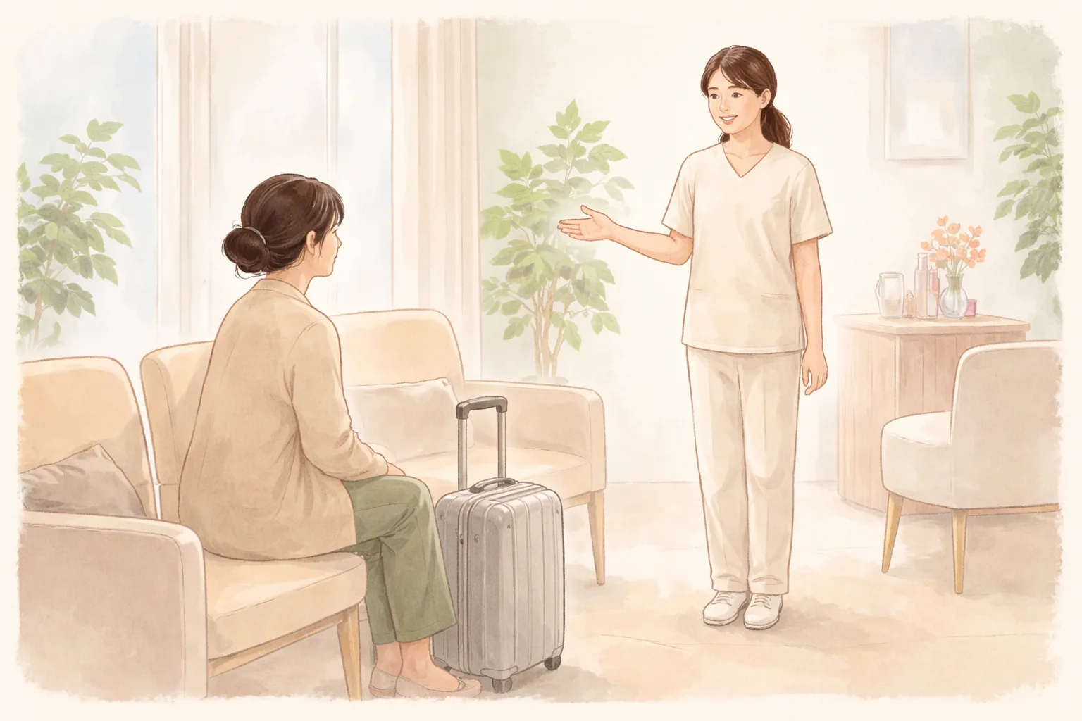キャリーケースのそばに座る女性と医療従事者を迎える医療スタッフ