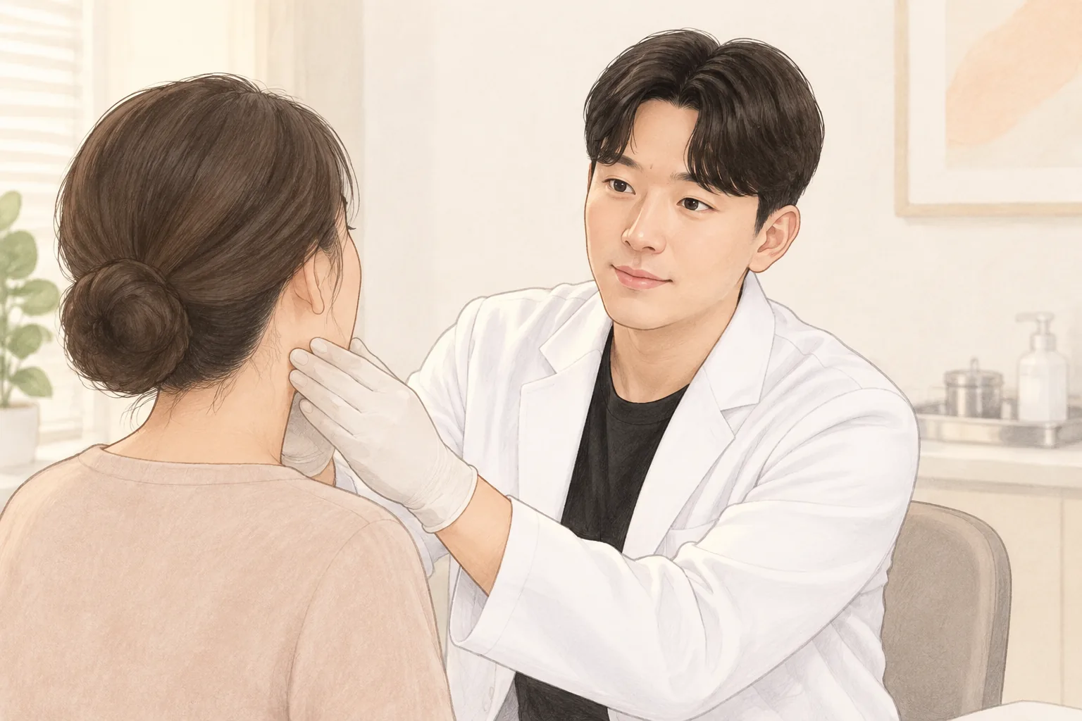 戴手套的医生检查患者颈部状态