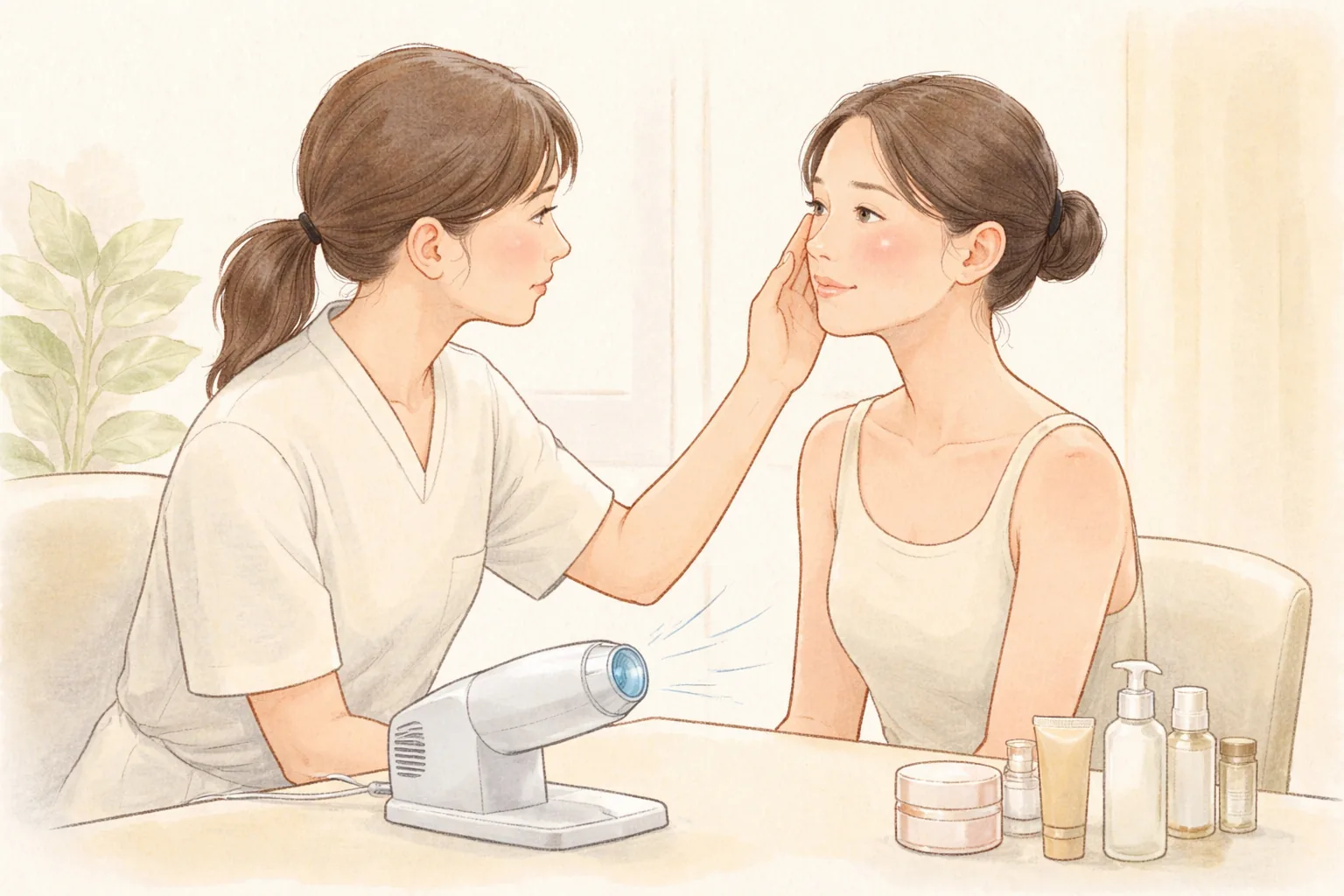 一位女性医疗人员查看另一位女性面部，桌上有化妆品容器