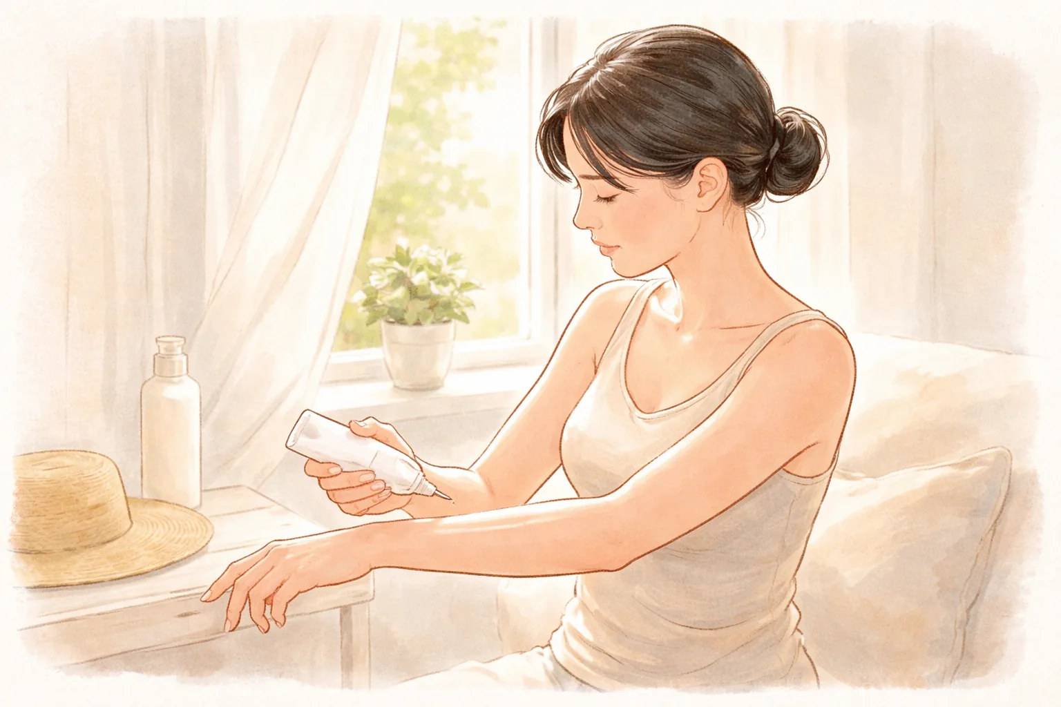 A woman sitting by a window applying sunscreen to her arm