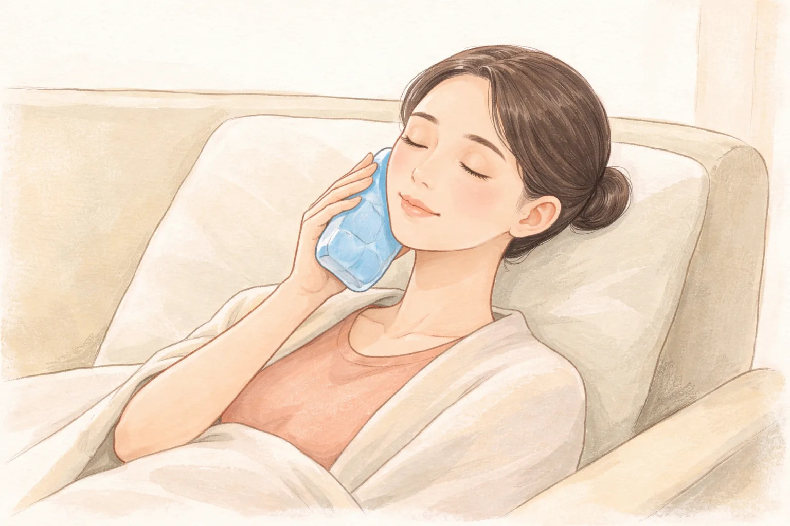 소파에 누워 차가운 젤 팩을 볼에 대고 있는 여성