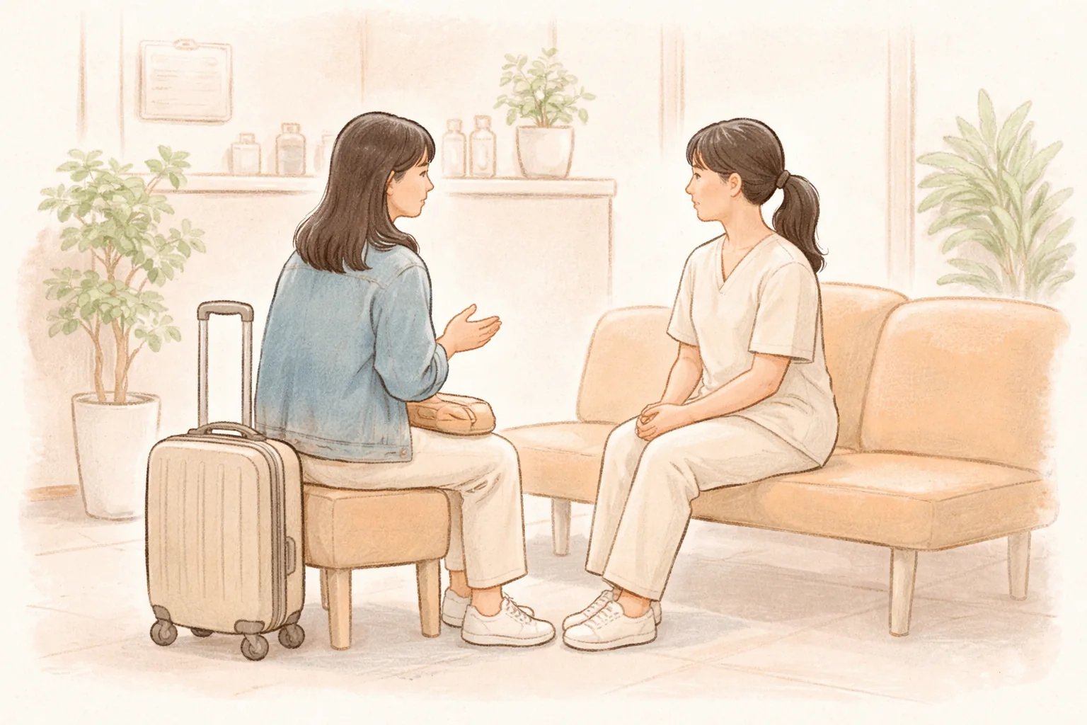 スーツケースのそばの椅子に座って会話する女性と女性医療スタッフ