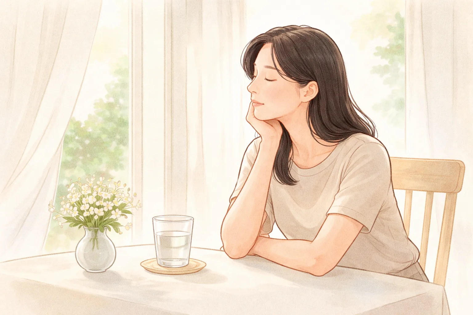 Mujer sentada junto a la ventana con una mano sosteniendo suavemente el mentón y los ojos cerrados, con un florero y un vaso de agua sobre la mesa