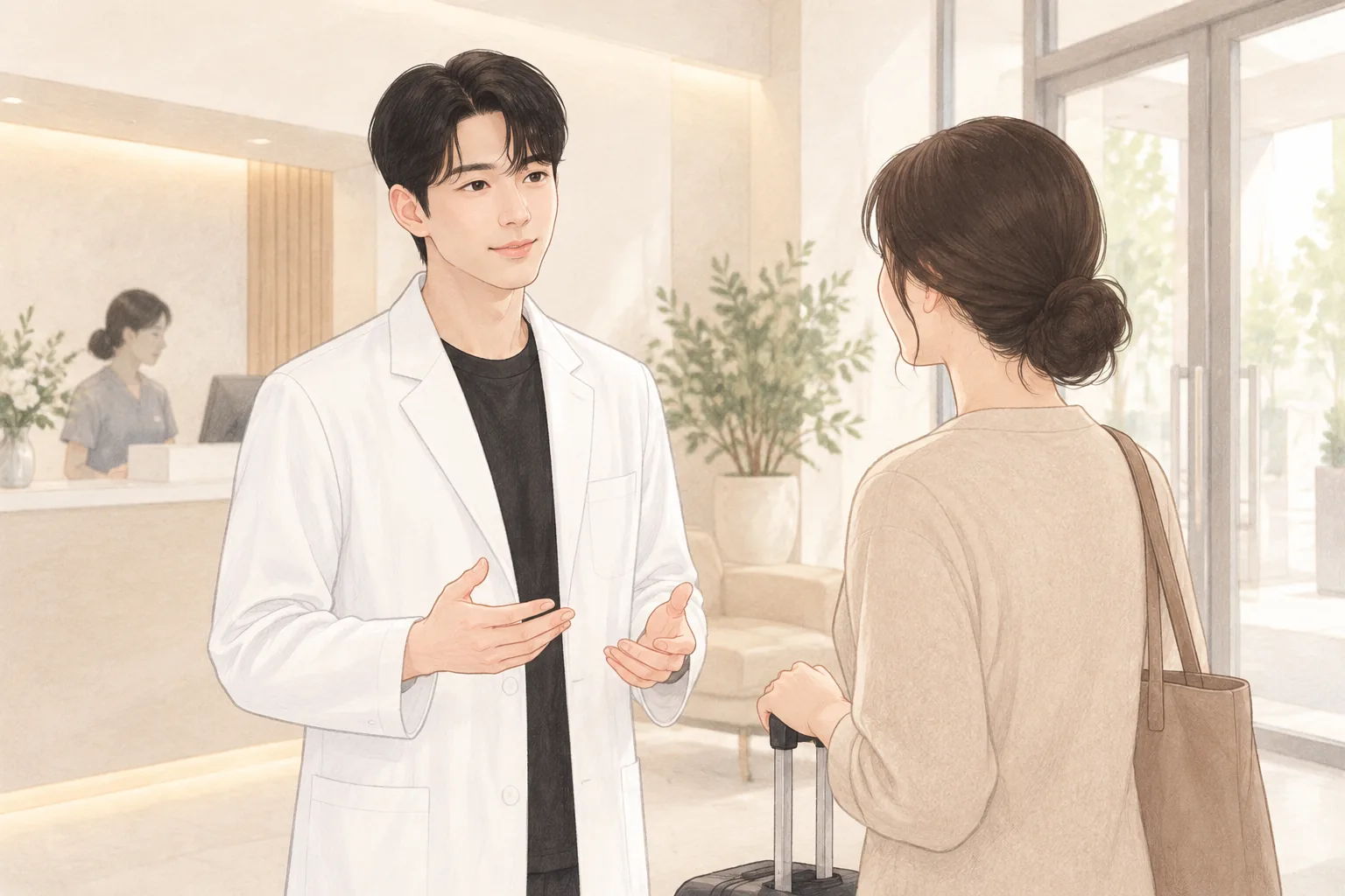 女性拉着行李箱与男医生交谈