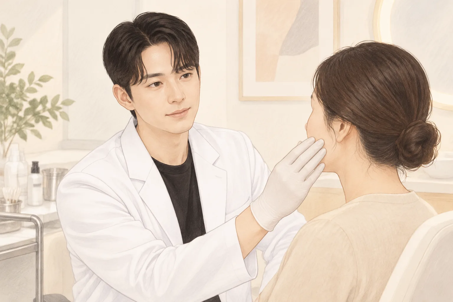女性患者の頬を手で診る診察着の男性