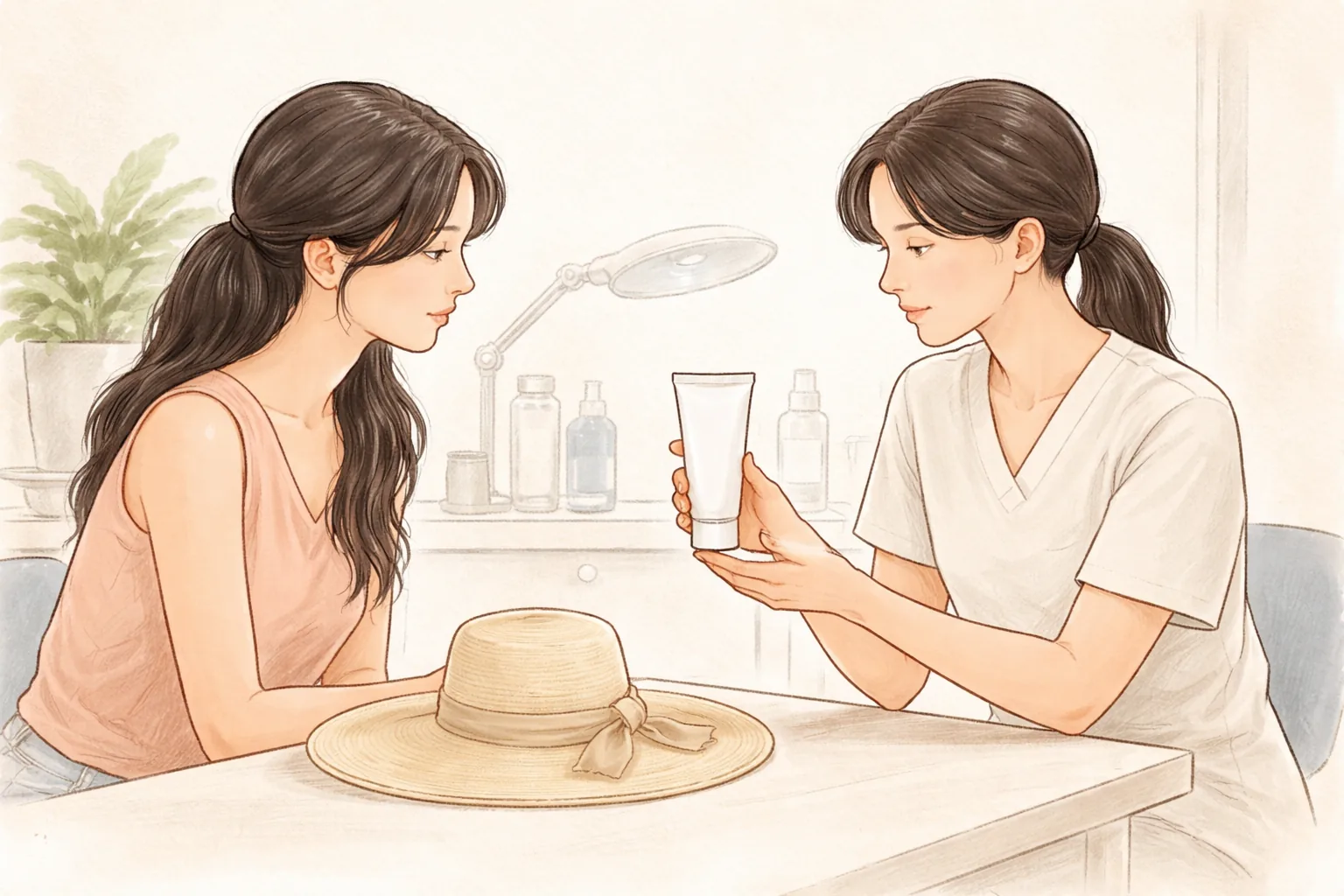 의료진이 여성에게 자외선 차단제 튜브를 보여주며 설명하는 모습