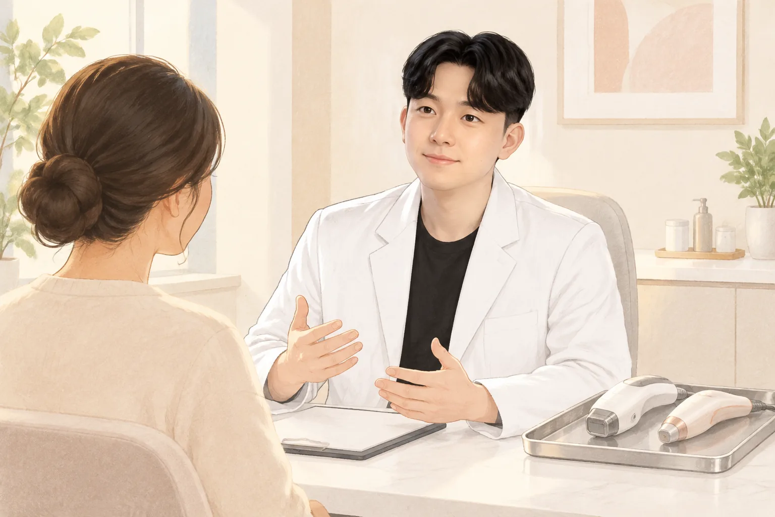 醫師在明亮診間向患者諮詢並以手勢說明