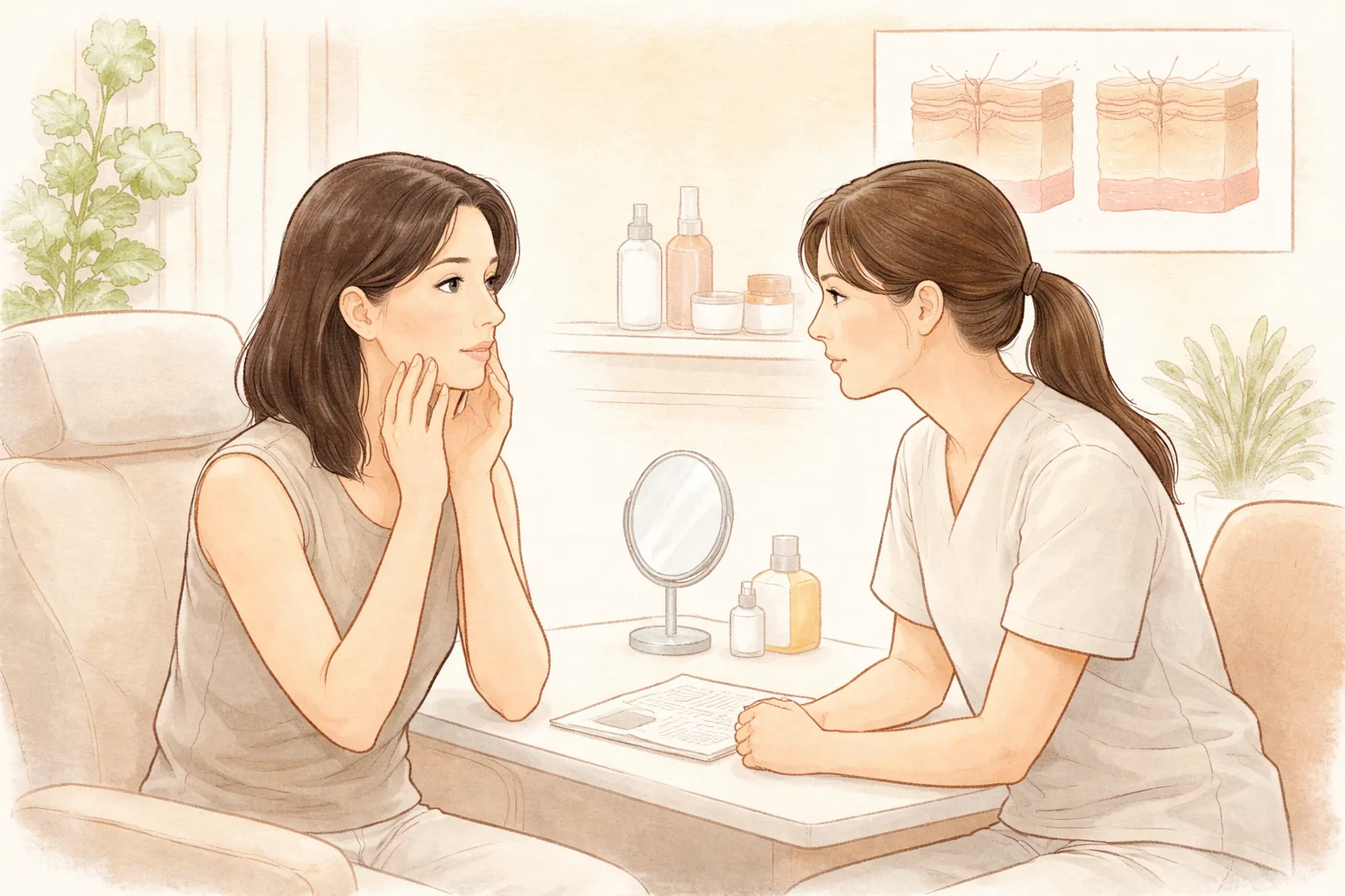 턱을 만지며 상담하는 여성과 귀 기울여 듣는 의료진이 책상 앞에 앉아 있음