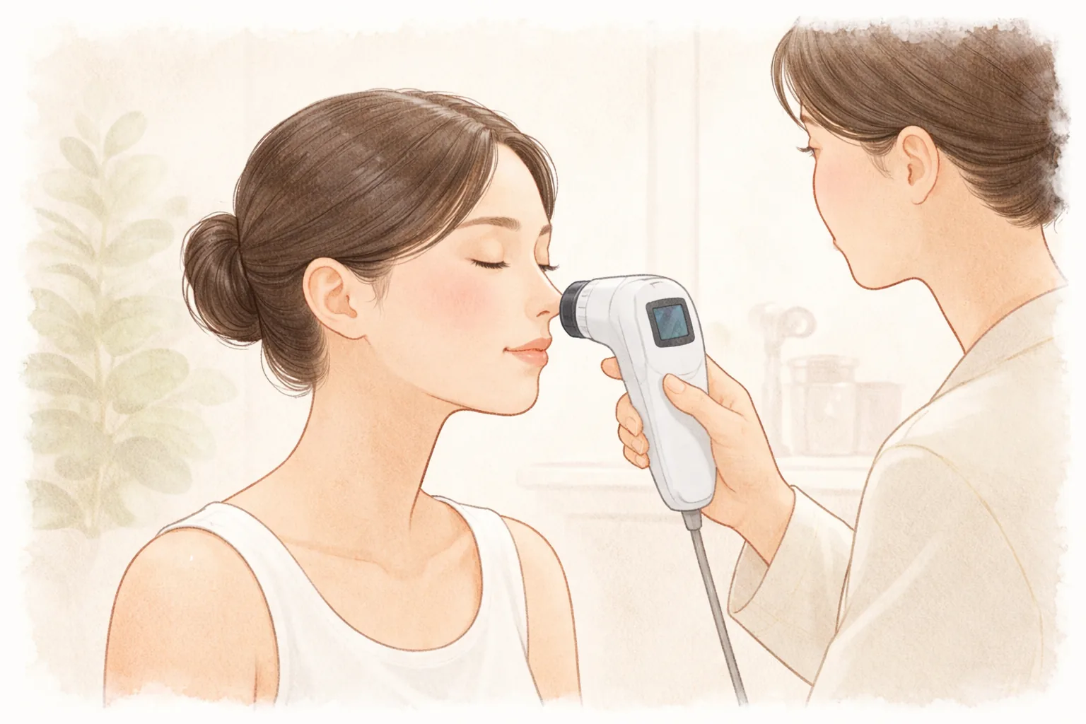 A clinician examining a woman's cheek with a skin analysis camera while she is examined