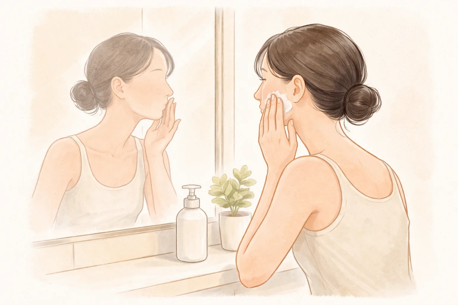 鏡の前で手で顔にクリームを塗る女性と洗面台の上に化粧品と鉢植えがある