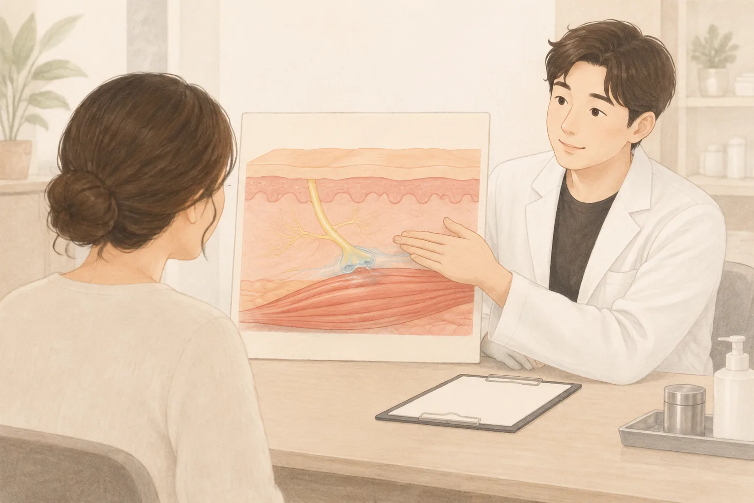 醫師向患者解說皮膚斷面圖