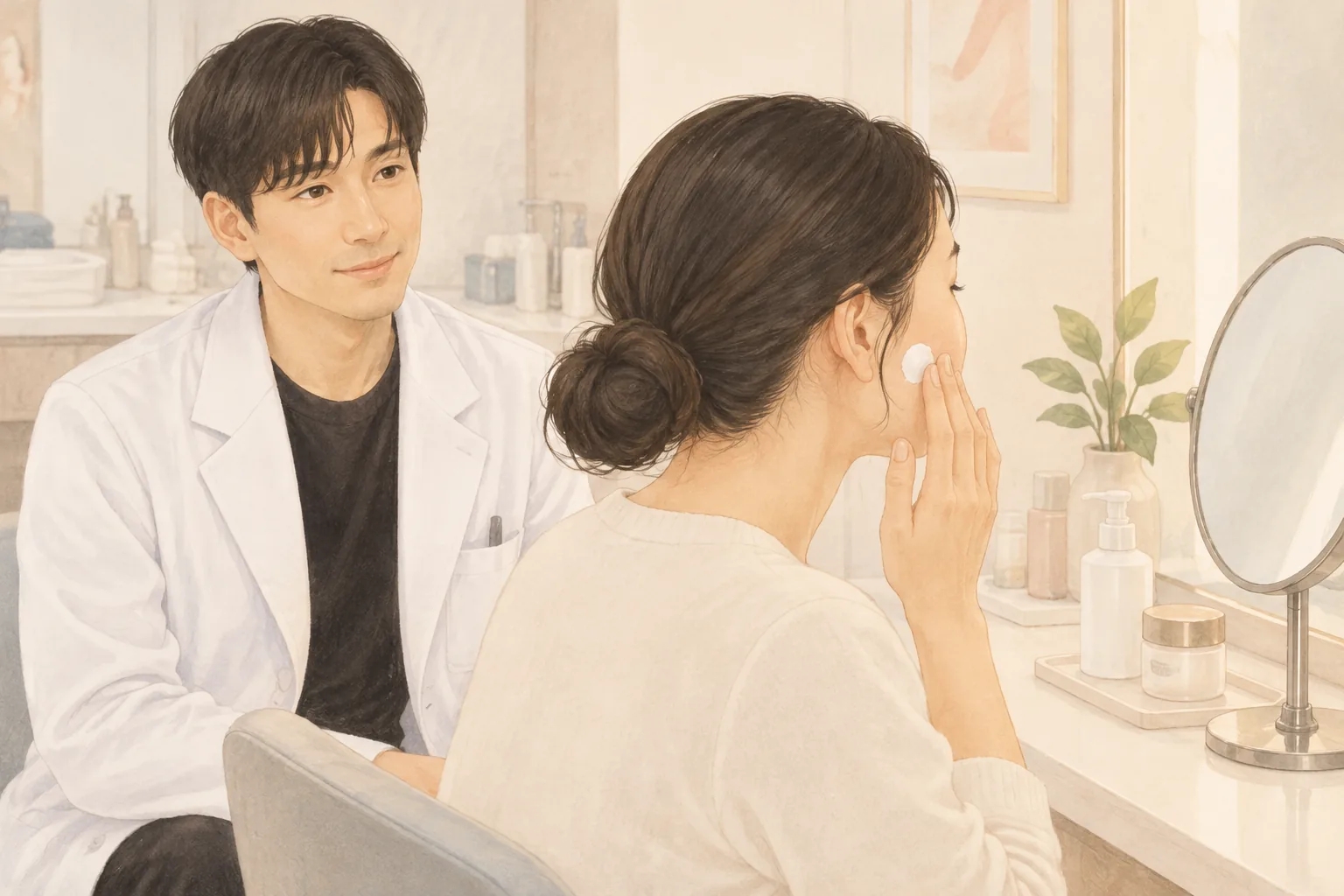 رجل جالس وامرأة تنظر إلى المرآة وتضع كريمًا على خدها