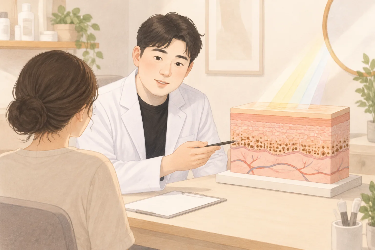 Male doctor explaining a skin cross-section model to a female patient